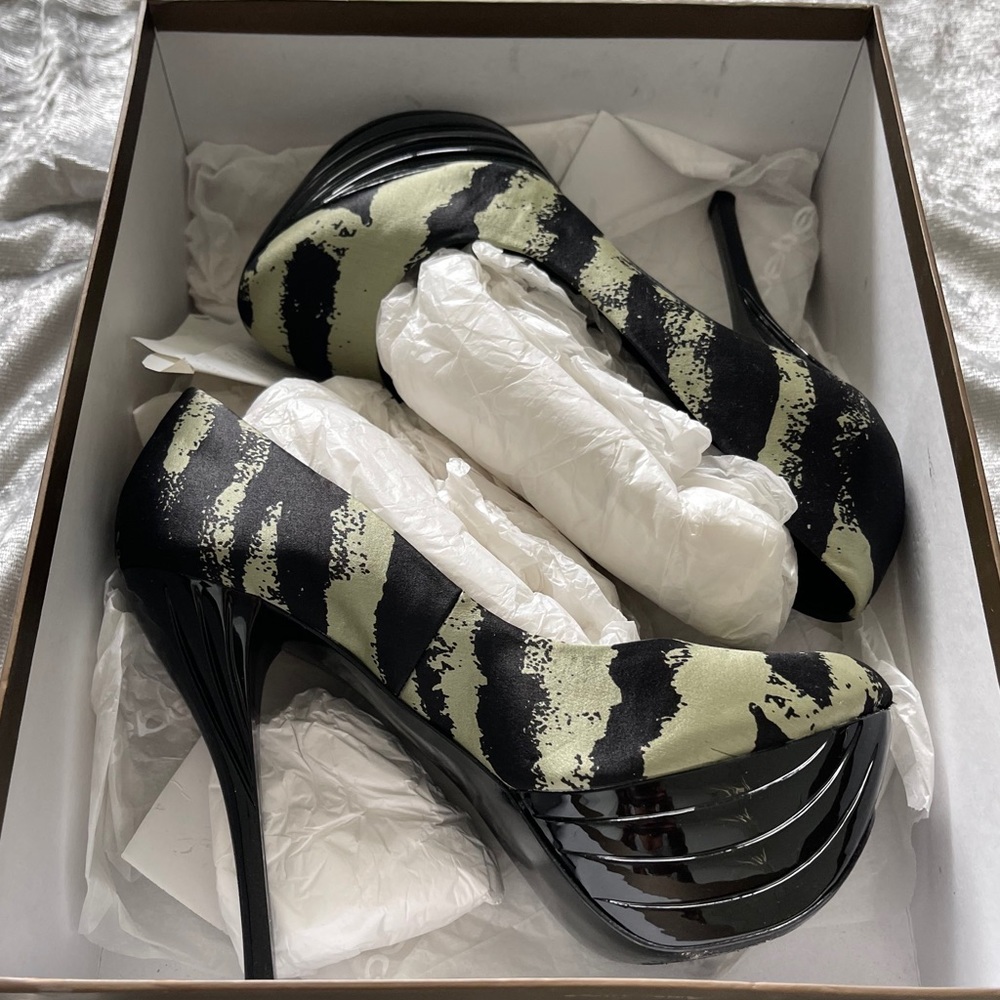 Bebe Olive & Black Zebra Print Heels